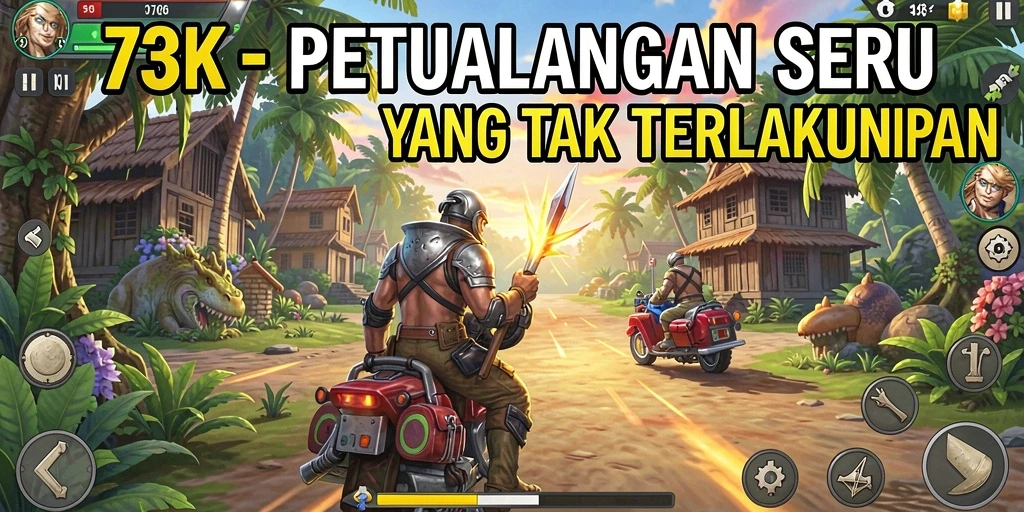 Tangkapan layar 73K menampilkan aksi petualangan yang mendebarkan.