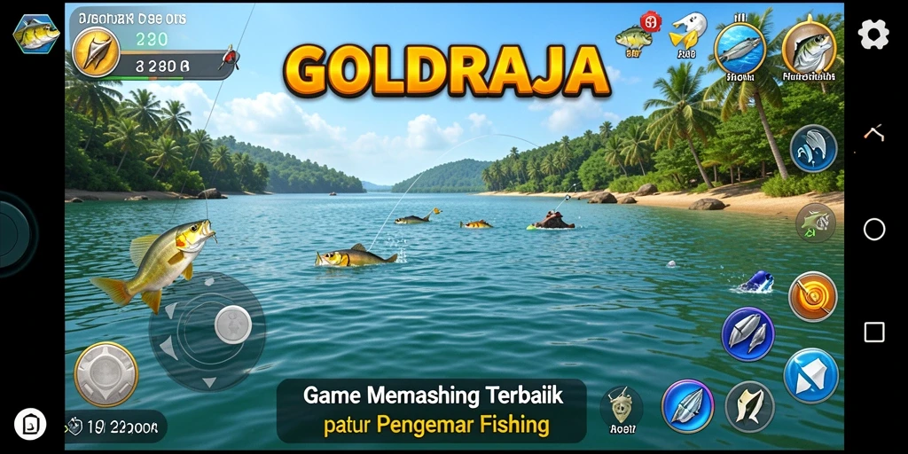Screenshot gameplay <strong>GOLDRAJA</strong> menunjukkan aksi memancing yang menegangkan dan menarik.