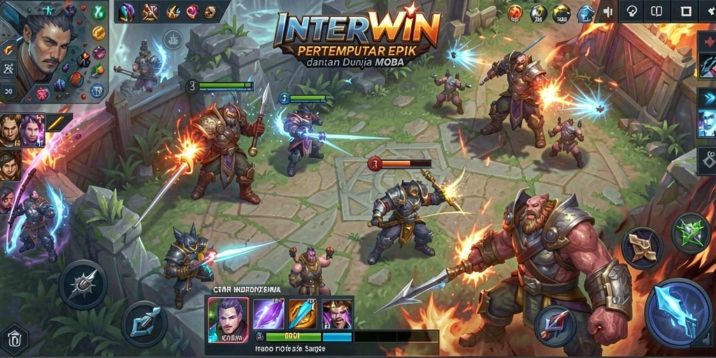 Screenshot INTERWIN yang menampilkan aksi pertempuran MOBA yang mendebarkan.