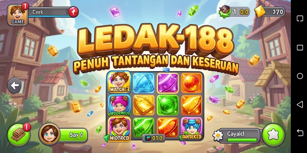 Tampilan gameplay seru di LEDAK188 dengan elemen match-3 yang berwarna-warni.