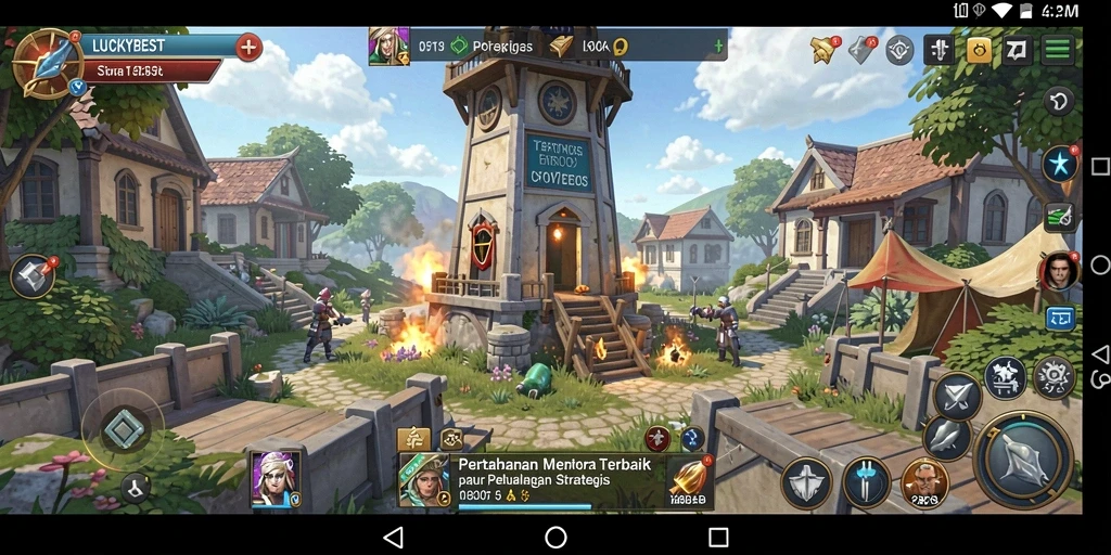 Tampilan gameplay seru dalam LUCKYBEST dengan menara yang menghentikan musuh.
