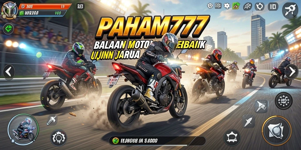 Screenshot utama PAHAM777 menampilkan aksi balapan motor yang seru dan mendebarkan.
