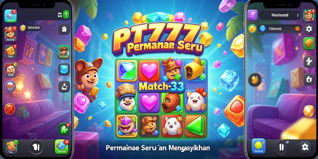 Screenshot utama PT777 menunjukkan gameplay seru dengan elemen Match-3.