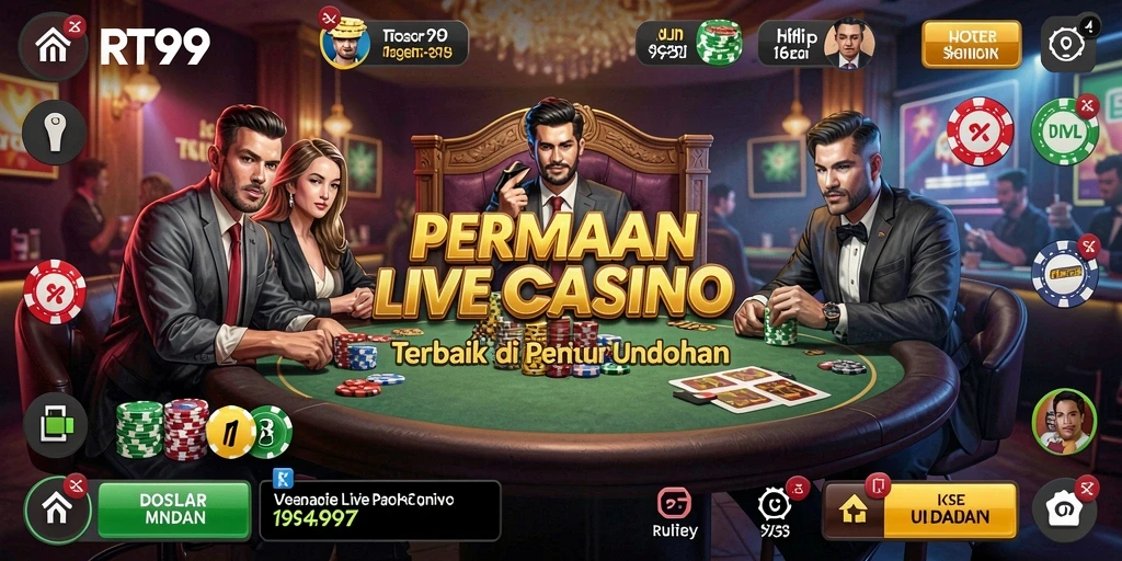 Screenshot RT99 menampilkan dealer profesional dalam permainan live casino yang mendebarkan.