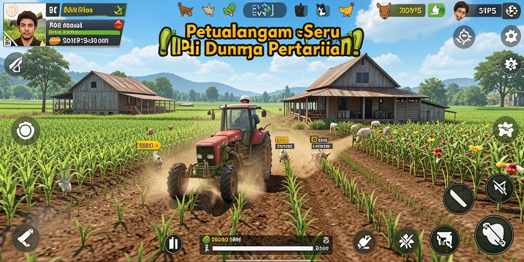 Screenshot gameplay SVIP5 menampilkan ladang yang subur dan berbagai tanaman yang sudah siap dipanen.