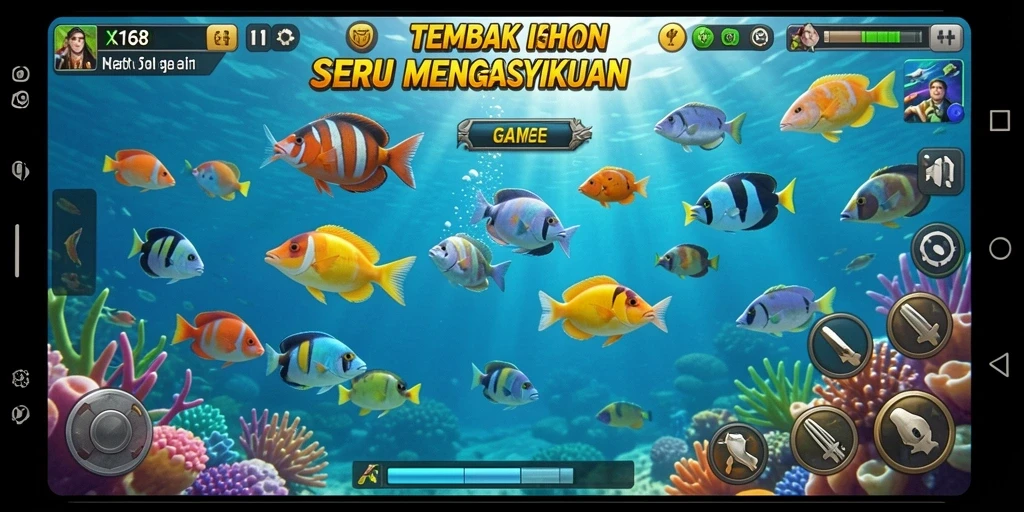 Tampilan permainan X168 dengan aksi menembak ikan yang seru.